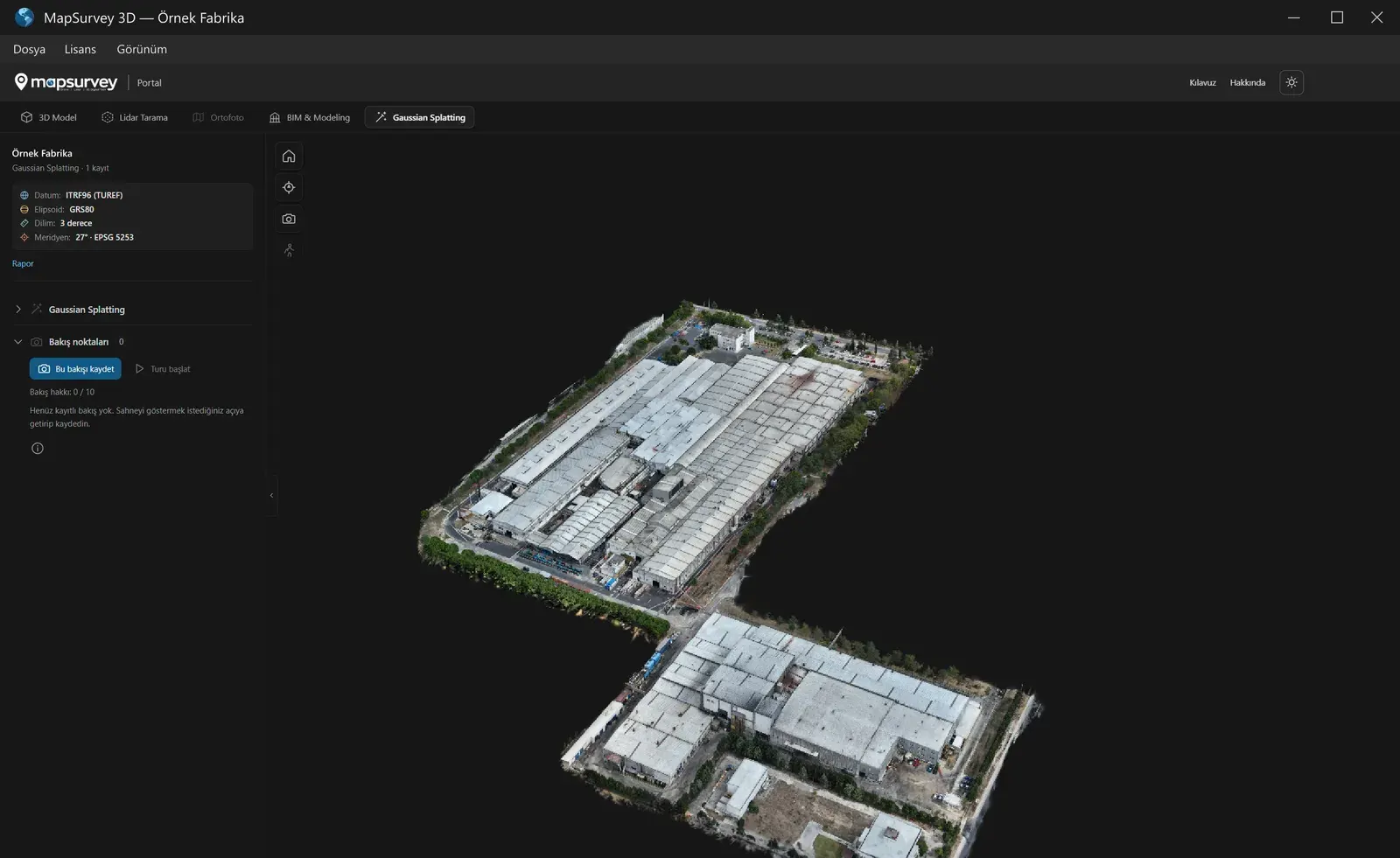 MapSurvey 3D Masaüstü programında bir fabrikanın Gaussian Splatting sahnesi